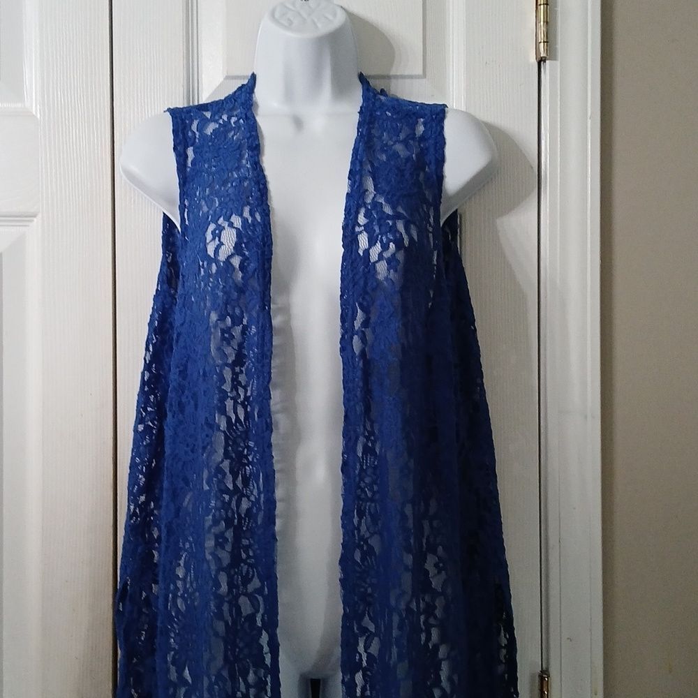 LuLaRoe Joy Vibrant Royal Blue Lace Vest Duster Sz M NWT - Picture 3 of 8